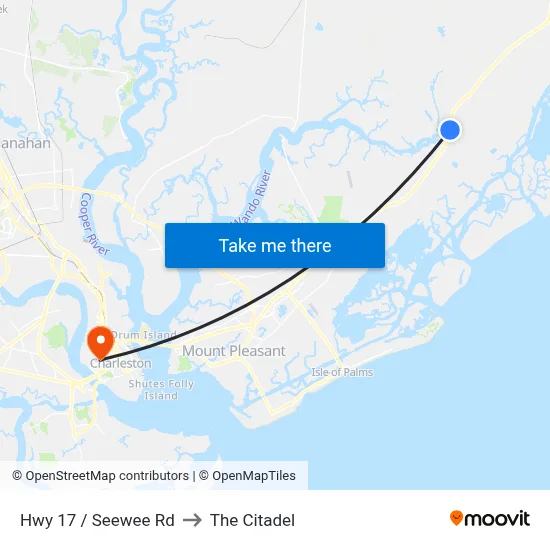Hwy 17 / Seewee Rd to The Citadel map