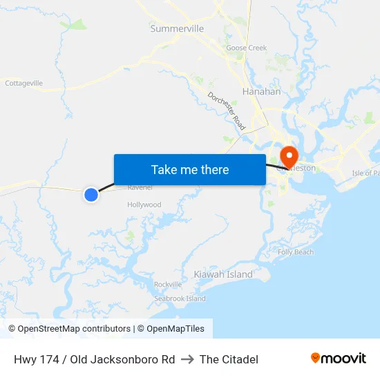 Hwy 174 / Old Jacksonboro Rd to The Citadel map
