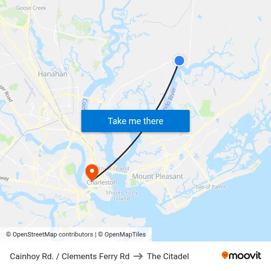 Cainhoy Rd. / Clements Ferry Rd to The Citadel map