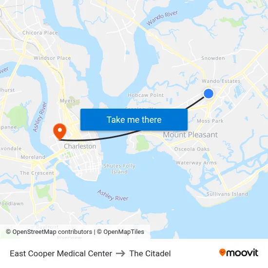 East Cooper Medical Center to The Citadel map