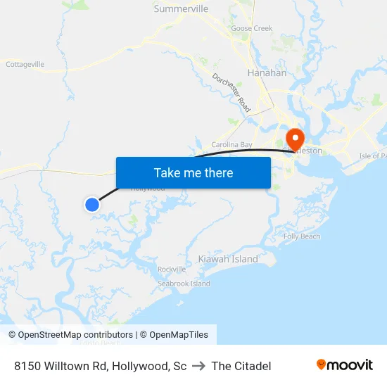 8150 Willtown Rd, Hollywood, Sc to The Citadel map