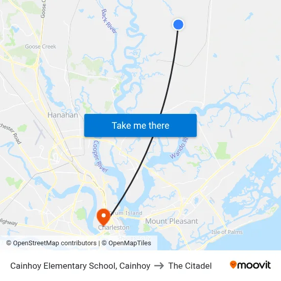 Cainhoy Elementary School, Cainhoy to The Citadel map