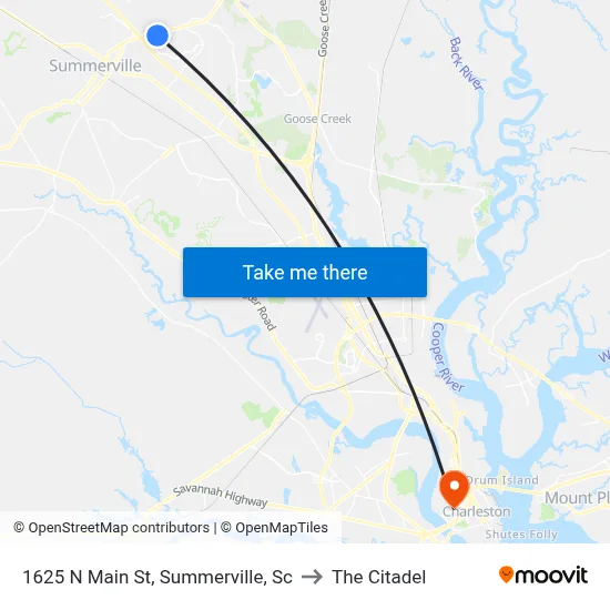 1625 N Main St, Summerville, Sc to The Citadel map