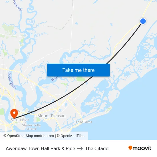 Awendaw Town Hall Park & Ride to The Citadel map
