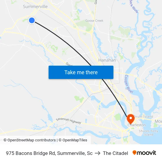 975 Bacons Bridge Rd, Summerville, Sc to The Citadel map