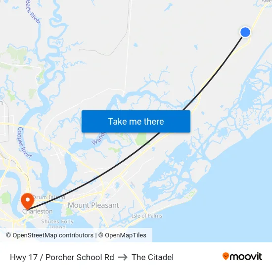 Hwy 17 / Porcher School Rd to The Citadel map