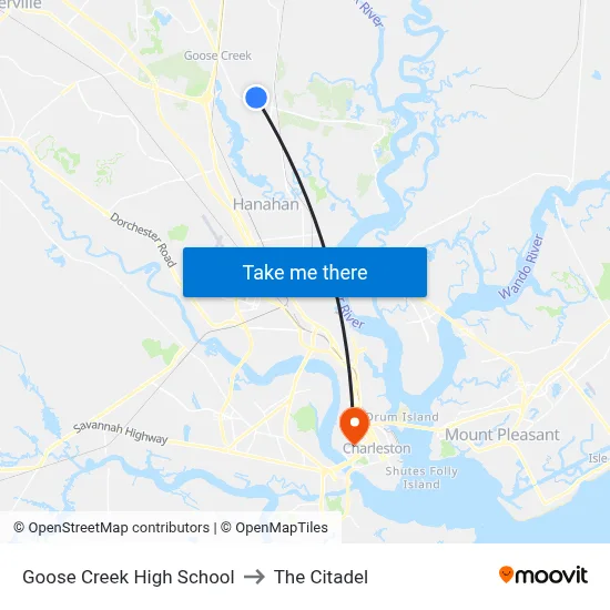 Goose Creek High School to The Citadel map