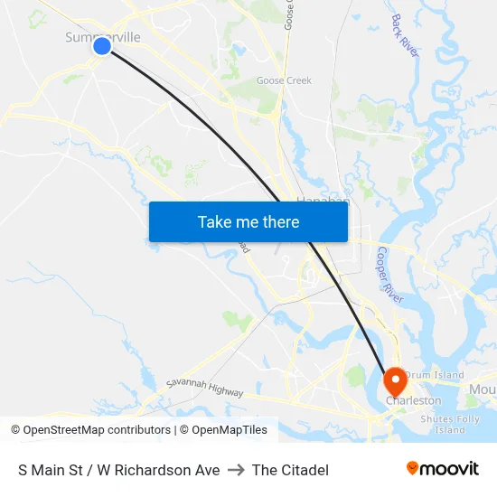 S Main St / W Richardson Ave to The Citadel map