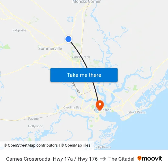 Carnes Crossroads- Hwy 17a / Hwy 176 to The Citadel map