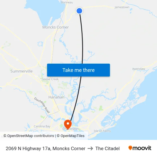 2069 N Highway 17a, Moncks Corner to The Citadel map