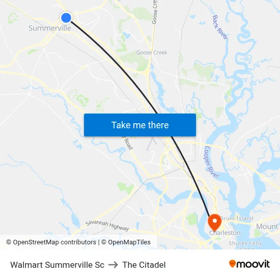 Walmart Summerville Sc to The Citadel map