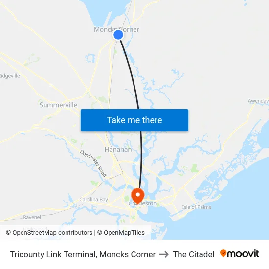 Tricounty Link Terminal, Moncks Corner to The Citadel map