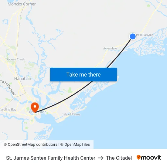 St. James-Santee Family Health Center to The Citadel map