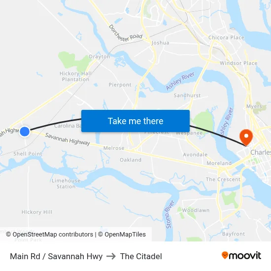 Main Rd / Savannah Hwy to The Citadel map