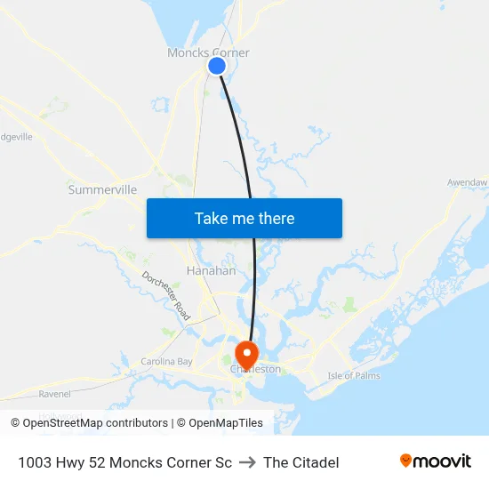 1003 Hwy 52 Moncks Corner Sc to The Citadel map