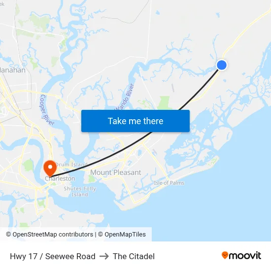 Hwy 17 / Seewee Road to The Citadel map