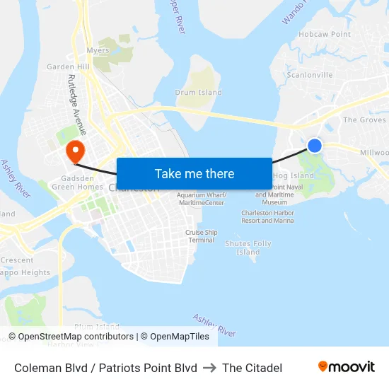 Coleman Blvd / Patriots Point Blvd to The Citadel map