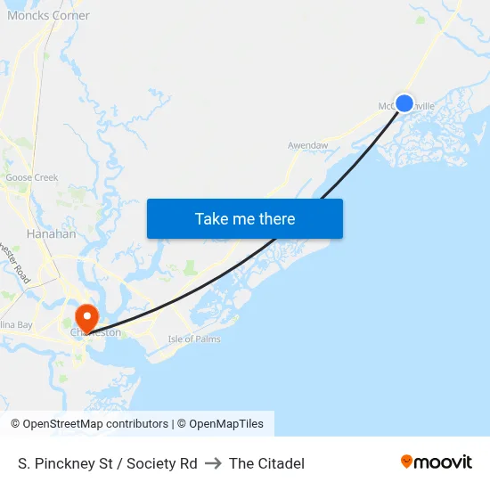 S. Pinckney St / Society Rd to The Citadel map