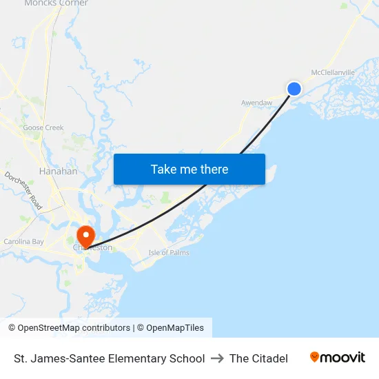 St. James-Santee Elementary School to The Citadel map