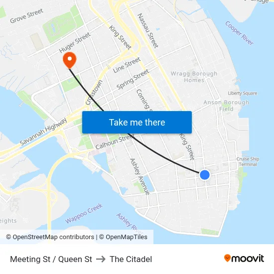 Meeting St / Queen St to The Citadel map