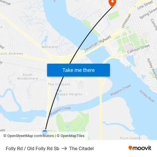 Folly Rd / Old Folly Rd Sb to The Citadel map