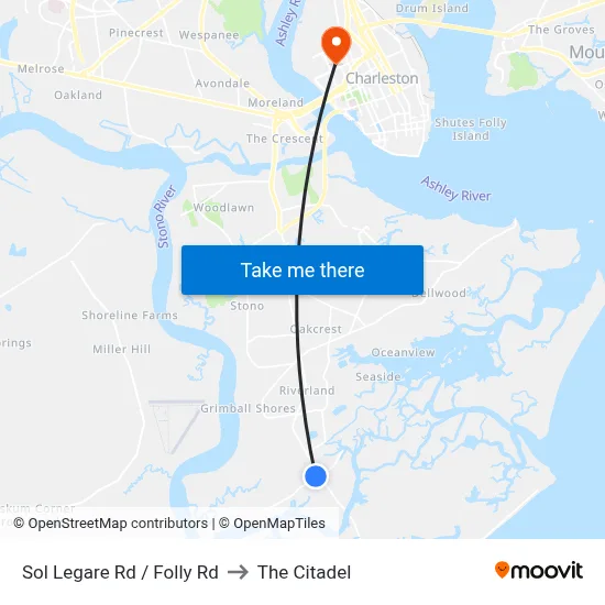 Sol Legare Rd / Folly Rd to The Citadel map