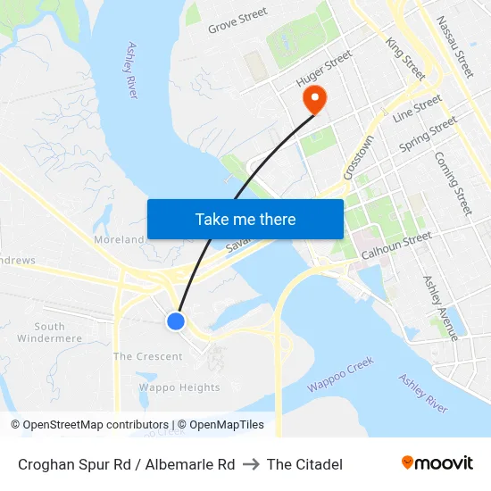 Croghan Spur Rd / Albemarle Rd to The Citadel map