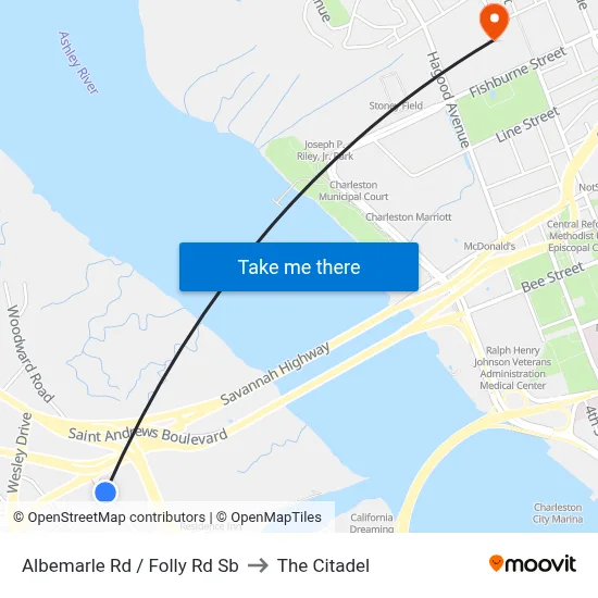 Albemarle Rd / Folly Rd Sb to The Citadel map
