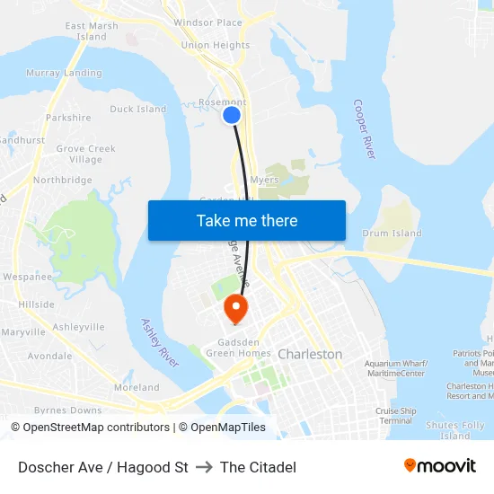 Doscher Ave / Hagood St to The Citadel map