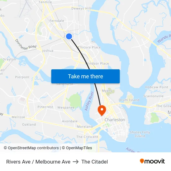 Rivers Ave / Melbourne Ave to The Citadel map