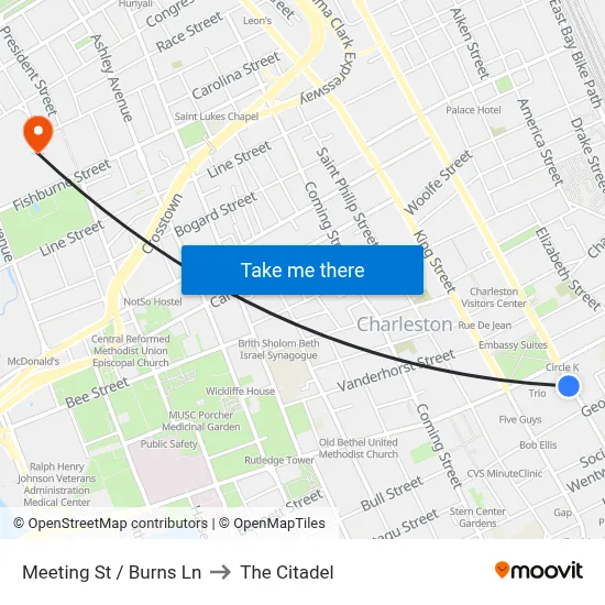 Meeting St / Burns Ln to The Citadel map
