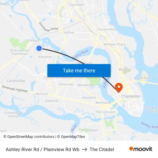 Ashley River Rd / Plainview Rd Wb to The Citadel map