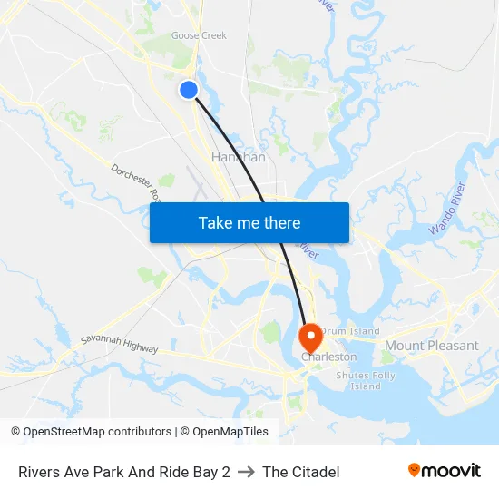 Rivers Ave Park And Ride Bay 2 to The Citadel map