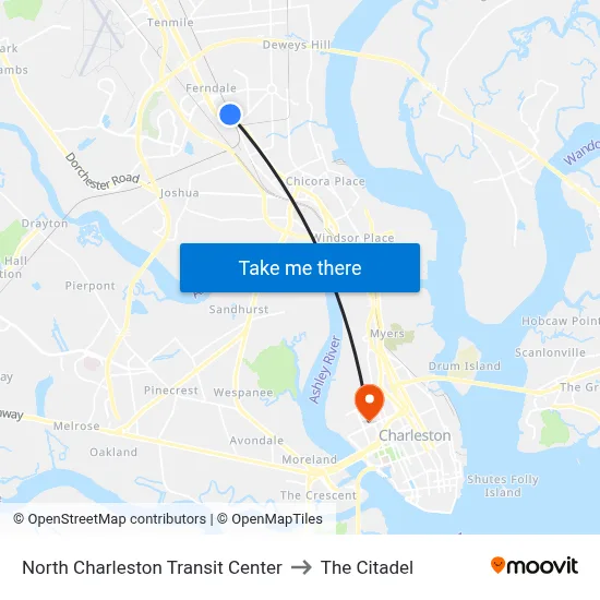 North Charleston Transit Center to The Citadel map