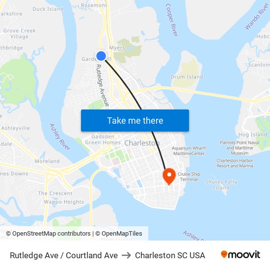 Rutledge Ave / Courtland Ave to Charleston SC USA map