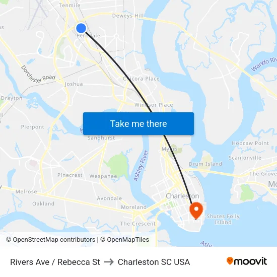 Rivers Ave / Rebecca St to Charleston SC USA map