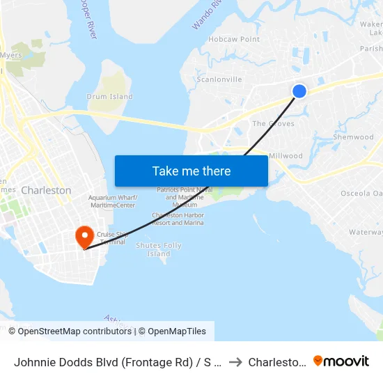 Johnnie Dodds Blvd (Frontage Rd) / S Shelmore Blvd (N Of Hwy 17) to Charleston SC USA map