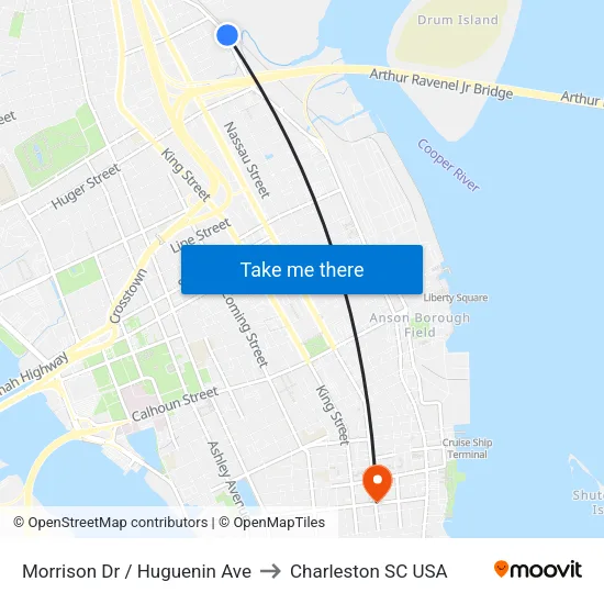 Morrison Dr / Huguenin Ave to Charleston SC USA map