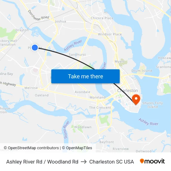 Ashley River Rd / Woodland Rd to Charleston SC USA map