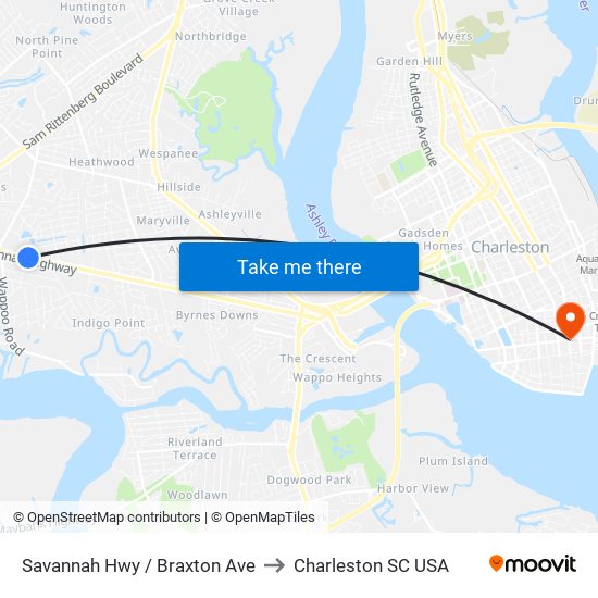 Savannah Hwy / Braxton Ave to Charleston SC USA map