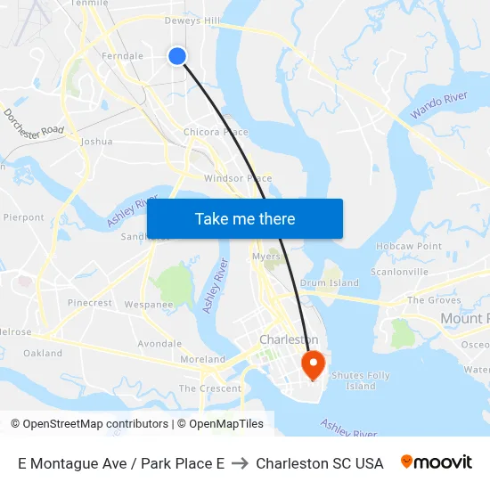E Montague Ave / Park Place E to Charleston SC USA map