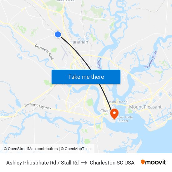 Ashley Phosphate Rd / Stall Rd to Charleston SC USA map