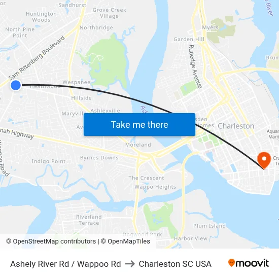 Ashely River Rd / Wappoo Rd to Charleston SC USA map