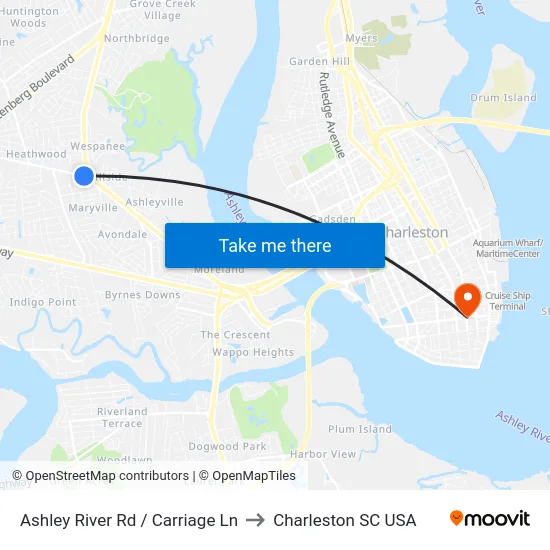 Ashley River Rd / Carriage Ln to Charleston SC USA map