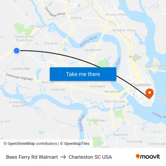 Bees Ferry Rd Walmart to Charleston SC USA map
