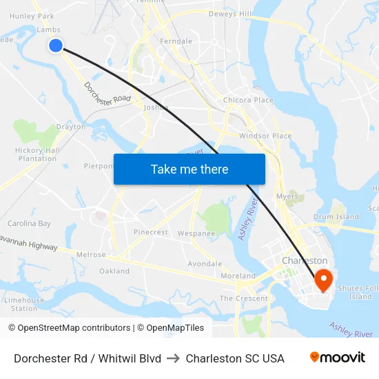 Dorchester Rd / Whitwil Blvd to Charleston SC USA map