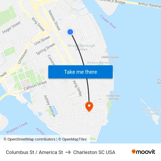 Columbus St / America St to Charleston SC USA map
