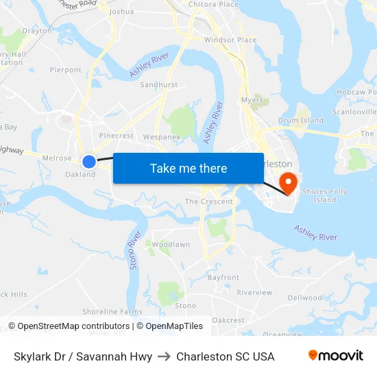 Skylark Dr / Savannah Hwy to Charleston SC USA map