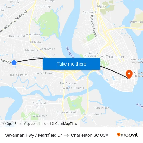 Savannah Hwy / Markfield Dr to Charleston SC USA map
