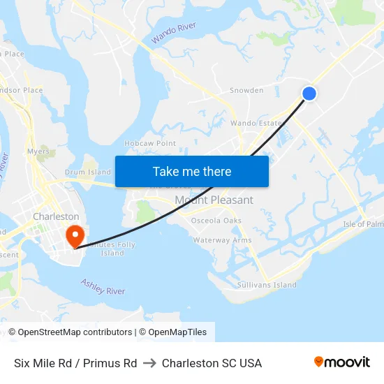Six Mile Rd / Primus Rd to Charleston SC USA map